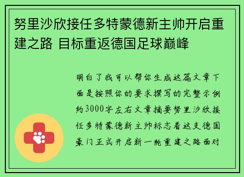 努里沙欣接任多特蒙德新主帅开启重建之路 目标重返德国足球巅峰
